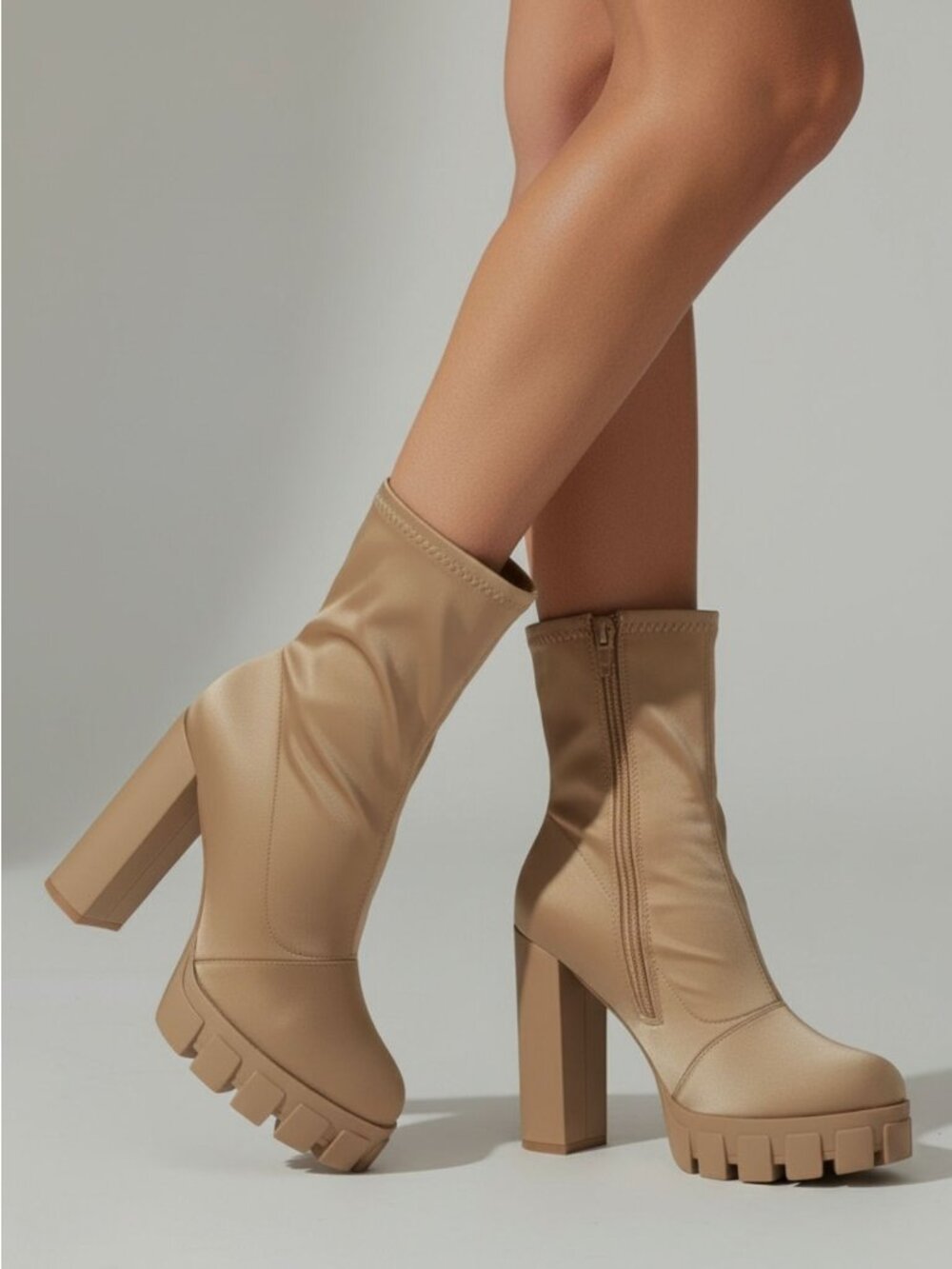 Chunky Heel Platform Ankle Boots With Side Zipper In Beige Satin Material For Wo